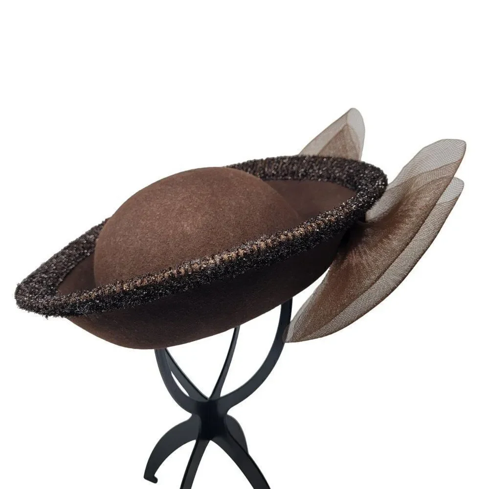 Vintage Unique Rare Wool Church Hat Bumper Halo Brown Netted Bow Chocolate‎